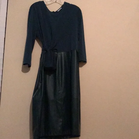 Green Long Sleeve Faux Leather Bottom Dress from New York & Company Green Long Sleeve Faux Leather Bottom Dress from New York & Company